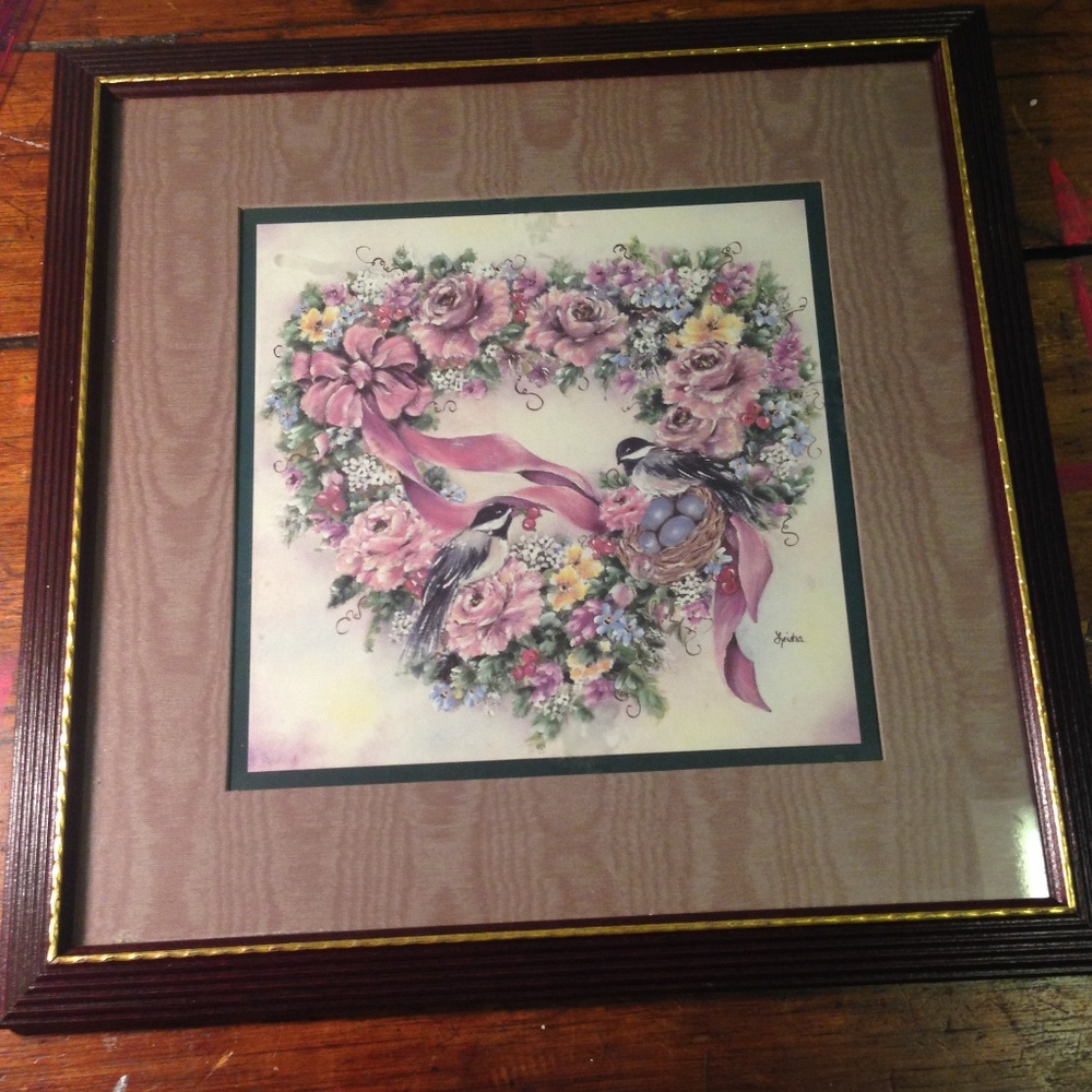 Framed  Chickadee & Flowers Heart Wreath Picture